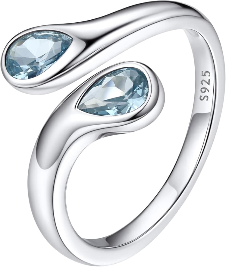 Bestyle Silver Birthstone Ring for Women, Dainty Sterling Silver Teardrop Ring Open Adjustable Band Ring, Love Statement TOI et Moi Ring Promise Ring for Her