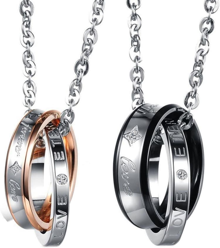 Cupimatch 2 pcs Collier Couple Personnalisé Pendentif Anneau Bague Entrelacé en Acier Inoxydable + Zircon pour Homme et Femme ou Couples - Le Symbole de l'amitié,Cadeau Saint Valentin
