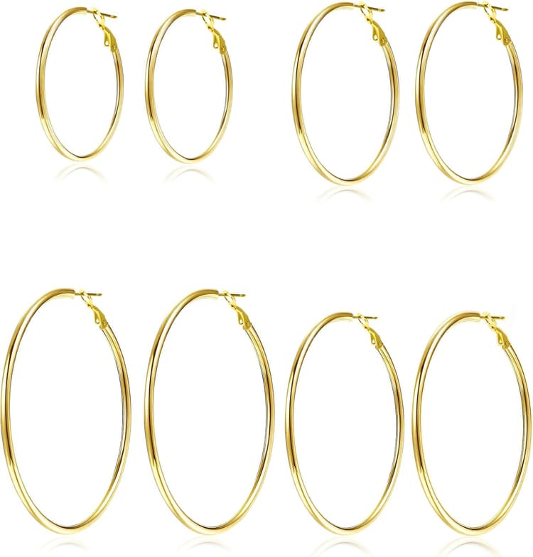 4 Pairs Silver Gold Hoop Earrings for Women 30/40/50/60 mm Stainless Steel 14K Gold Plated Hoop Earrings Hypoallergenic Big Thin Lightweight Dangle Set