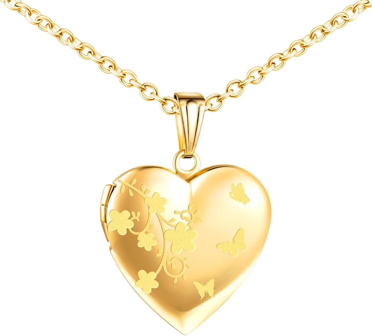 Collier Médaillon Cœur avec Fleurs et Papillons, Acier inoxydable Pendentif Porte Photo Médaillon pour 2 Photo Personnalisé Pendentif avec Chaîne 50cm Bijoux pour Femme Filles