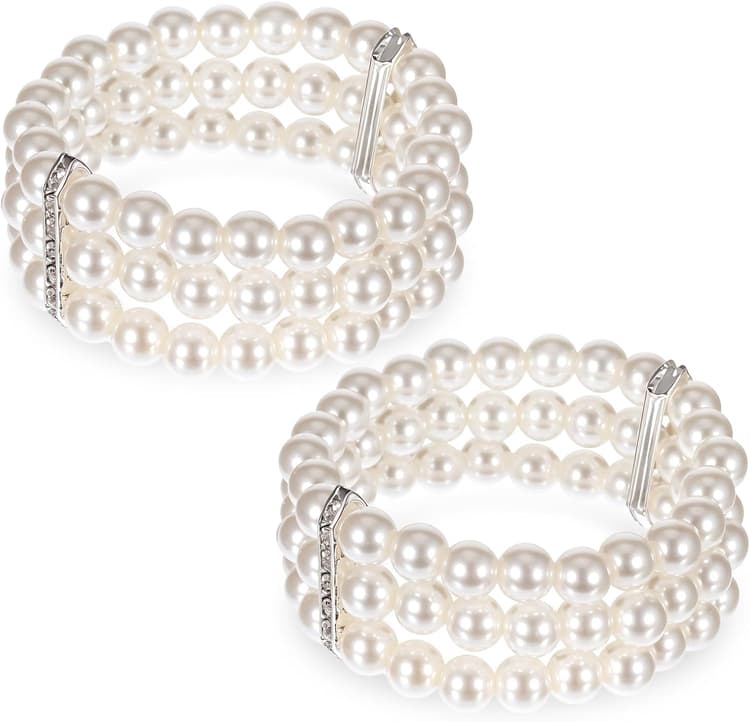 Lot de 2 bracelets de perles blanches des années 1920 - 3 rangées de perles extensibles pour femme - Pour fête, bal de fin d'année, mariage, festival, Halloween