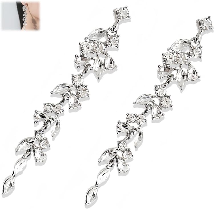 AzureRay Boucles d'Oreilles Longues en Strass - Boucles d'Oreilles Pendantes en Strass Argent, Design Feuille avec Cristaux, Accessoire Chic pour Femme, Mariage et Fêtes