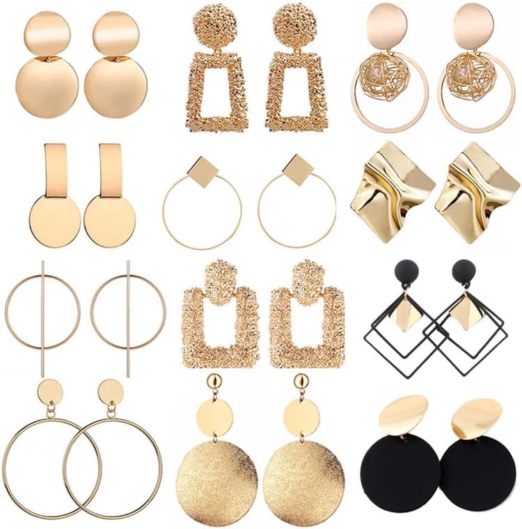 12 Paires Boucles d'Oreilles Pendantes Géométrique pour Femme Filles Lot Boucle d'Oreille or Grand Rondes Carrées Métal Dorée Mode Bijoux Ensemble