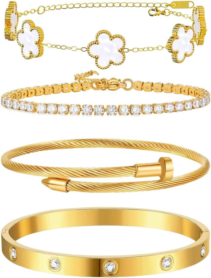 4 Pièces Bracelet Trèfle Femme 18K Plaqué Or Réglable Bracelets en Acier Inoxydable Trèfle à Quatre Feuilles Tennis Bracelet Set avec Zirconia Empilable Chanceux Bijoux pour Femme Filles