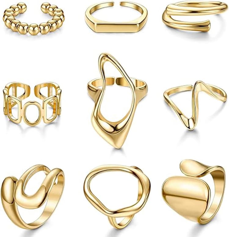 9 Pcs Bague Femme Vintage Réglable, Bague Femme Or, Ensemble de Bagues Empilables en Or, Style Rétro Punk pour Femme, Dôme épais Tressé et Torsadé à La Mode, Knuckle & Pouce Fantaisie