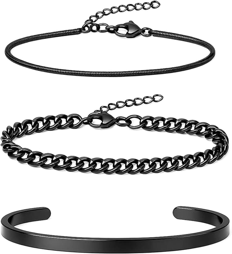 Bracelet Homme Acier Inoxydable,3 Pcs Courbe Gourmette Homme Empilable Réglable Chaîne Bracelets - Bijoux pour Hommes Cadeau pour Papa,Mari,Petit Ami,Fils,Anniersaire