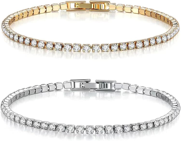 Lot de 2 bracelets de tennis en zircone pour femme - En argent 925 - Bracelet de tennis en cristal - Cadeau pour la fête des mères - Cadeau d'anniversaire pour femme (4 mm, or, argent