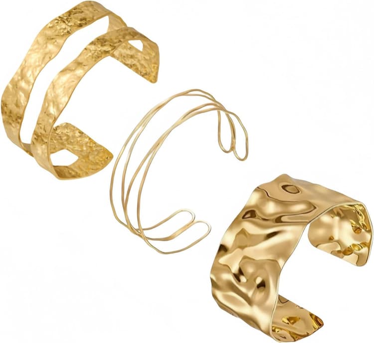 3 Pièces Bracelets Dorés, Tendance Ajustable Bracelet Jonc Femme, Élégant Métal Minimaliste Plaqué Bracelet Or Femme, Résistant Exagéré Ouvert Lot Bracelets pour le Haut Bras