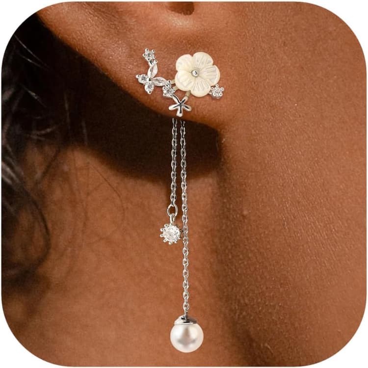 Boucles d'oreilles Pendantes en Perles Fleurs, Hypoallergénique Longues Boucles d'oreilles Enfilées CZ, Boucles d'oreilles de Mariage en Fleurs pour Mariées Cadeaux Originaux