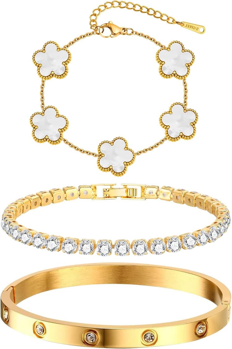 Womens Stackable Floral Gold Bracelets - 3Pcs 18K Gold Plated Bracelet,Stainless Steel Bangle Bracelets Non Tarnish, Gold Bracelet Set Trendy Jewelry,Christmas Valentines Birthday Gifts for Girlfriend