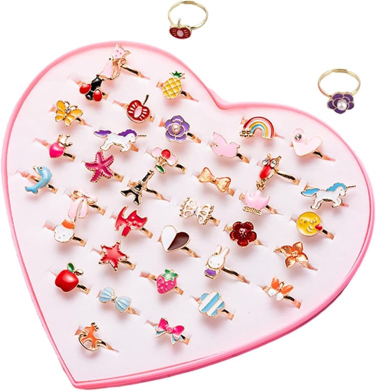 36 Pièces Bagues Enfants Fille,Réglables Bague avec Boîte De Coeur Rose,Bague Couleur Princesse,Ensemble de Bagues Petites Filles Pour Festival Cadeau Fête