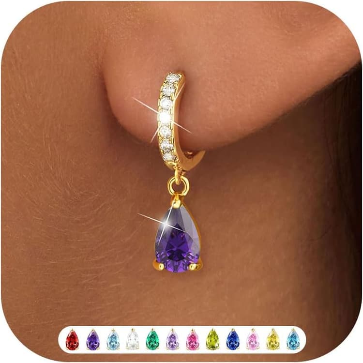 Boucles d'oreilles Pendantes Femmes Plaqués Or 18 Carats Piercing Oreille Pierre de Naissance Zirconium Améthyste Diamante Émeraude Sapphire Boucle d'oreille Bijoux Cadeau Anniversaire Femme