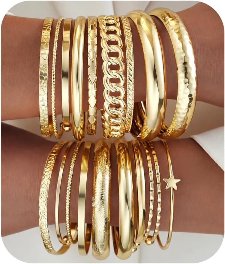 ÌF ME Gold Bangle Bracelets for Women, 19Pcs Multi Stackable Textured Bangles Set, 14K Gold Plated Chunky Bracelet Boho Jewelry Gifts