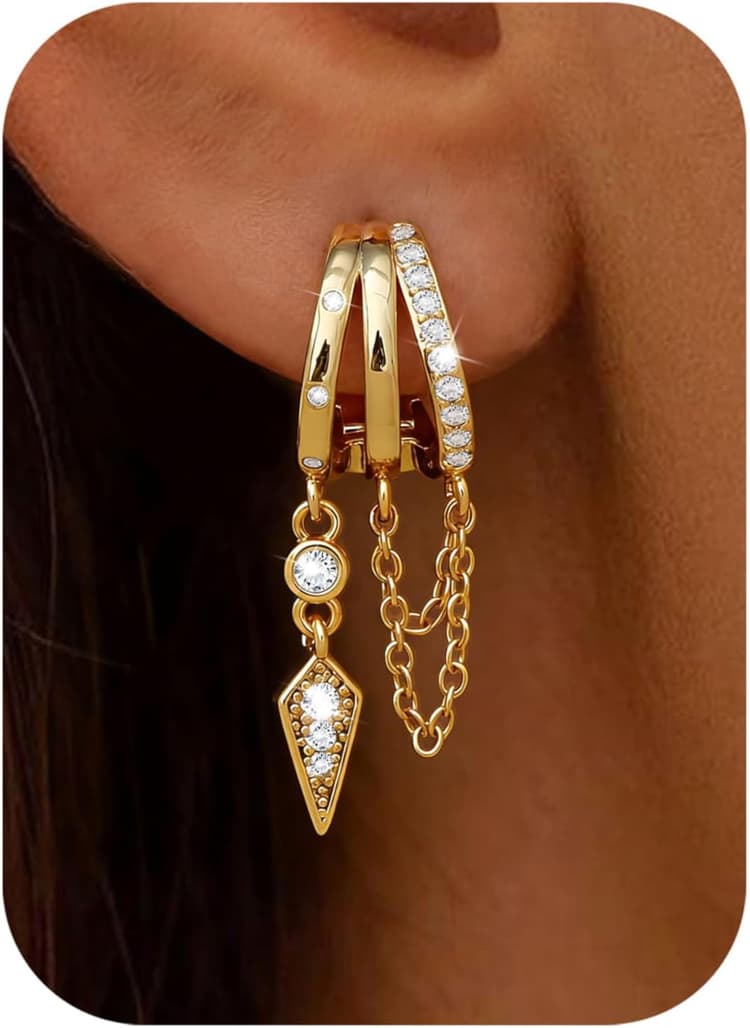 Boucles d'oreilles créoles hypoallergéniques en argent 925 plaqué or 14 carats pour femme - Boucles d'oreilles pendantes élégantes - Avec zircone cubique - Cadeau