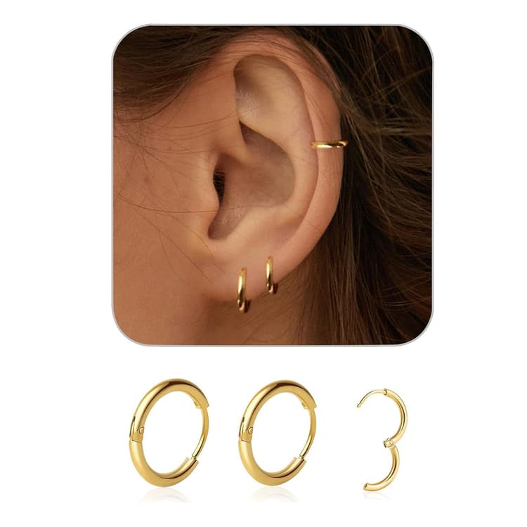 1 Pair 6mm Small Hoop Earrings for Women, Dainty 14K Gold Plated Huggie Hoop Earrings Hypoallergenic Lightweight Cartilage Earrings Set for Multiple Piercings for Sensitive (Gold/1.6mm)