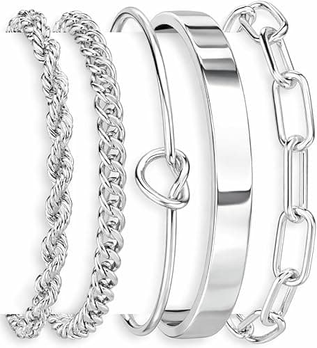 Gokeey Sterling Silver Cuff Bangle Bracelet Set for Women Non Tarnish, Silver Chunky Cuban Link Chain Heart Love Infinity Tie Knot Paperclip Beaded Twist Rope Silver Bracelets Fashion Jewelry Gifts Set