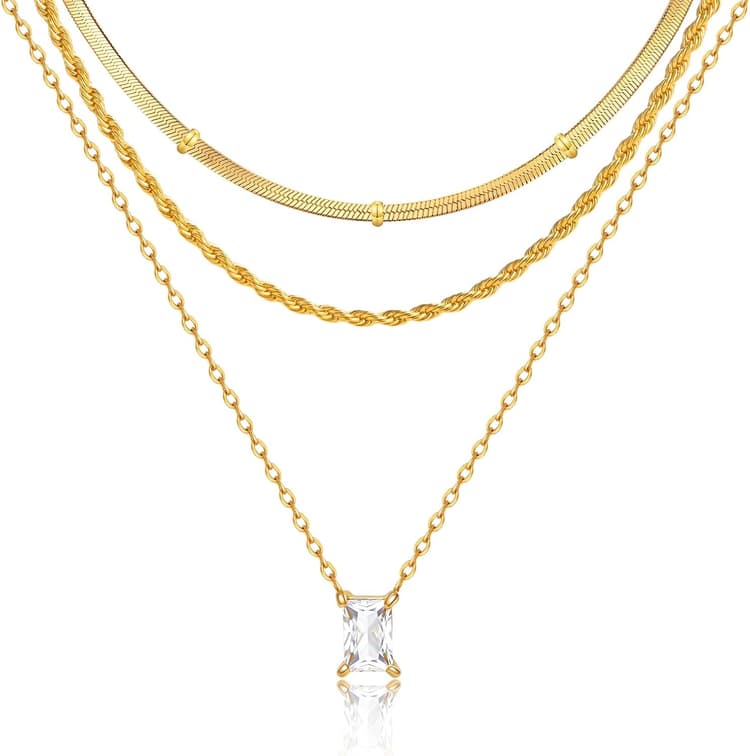 KSF Layered Gold Necklaces for Women - 18K Gold Plated 3PCS Dainty Simple Stackable Choker Necklace, Cubic Zirconia Pendant Necklace Trendy Jewelry Gift Set for Women