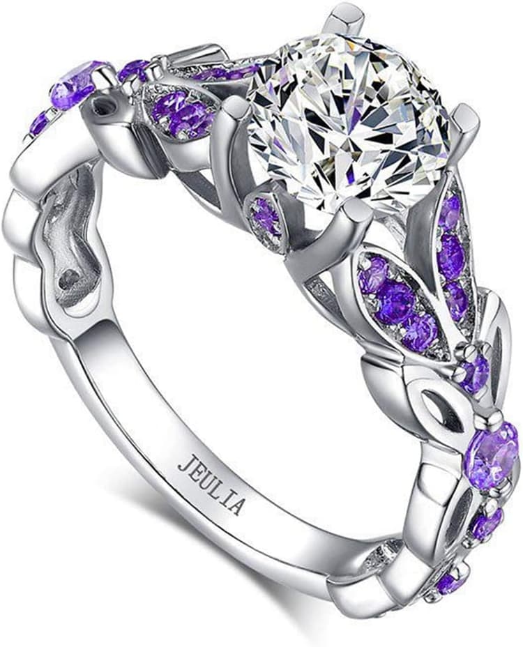 Jeulia 4.3 Carat Personalized Sterling Silver Butterfly Rings for Women Purple Amethyst Bridal Round Cut Wedding Engagement Eternity Valentine's Promise Ring Set