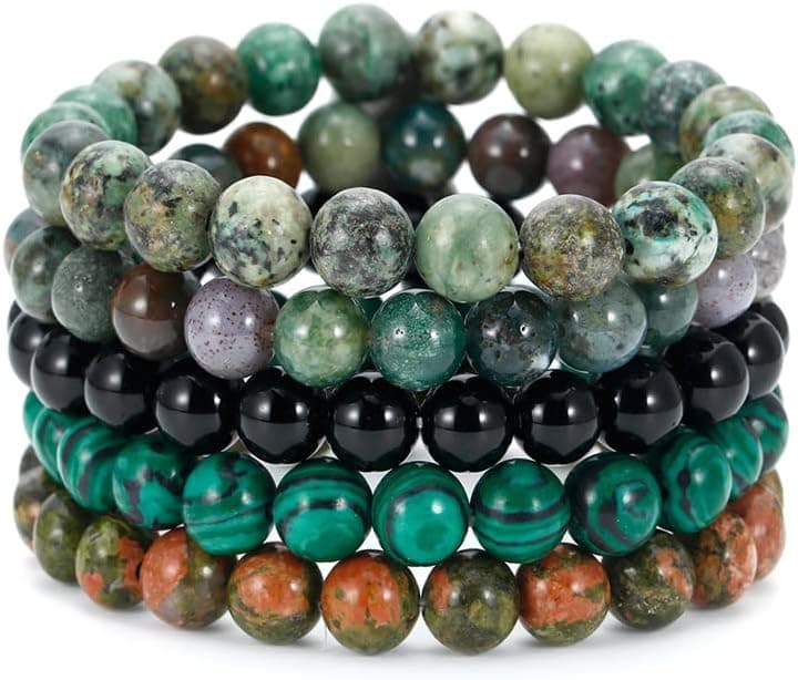 BOMAIL 5PCS Semi-Precious Gemstone Bracelet - Healing Crystal Stone Beaded Bracelets for Women Men 8mm Round Beaded Stretch Bracelets Unisex Yoga Bracelets