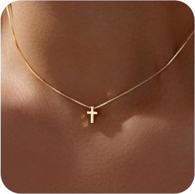 Easter Basket Stuffer Cross Necklace for Women Girls, Dainty 14K Gold Silver Plated Cross Choker Jewelry Non Tarnish Waterproof Cute Simple Small Necklace Christian Baptism Religious Faith Jewelry Gifts