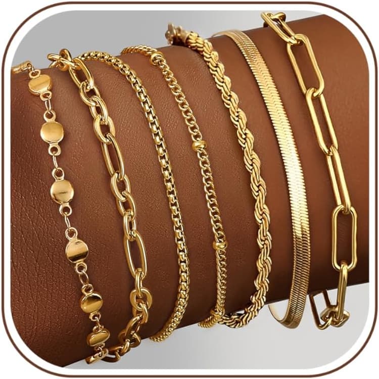 Adramata 7Pcs Chaîne Bracelets pour Femme Plaqué Or 14K Bracelets Réglable Bracelet Acier Inoxydable Femme Serpent Chaîne Bracelets Empilables Fantaisie Bracelets Bracelets Femme Argent Or Or Rose