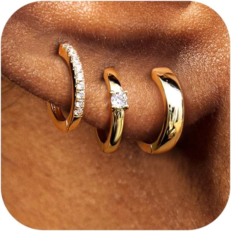 3 Paires Boucles d’Oreille Créoles Or Pour Femmes, Plaqué Or 14K Petites CZ Boucles d’Oreilles Huggie pour Piercing Multiple, Hypoallergéniques Argent 925 Or Chunky Boucles d'Oreilles