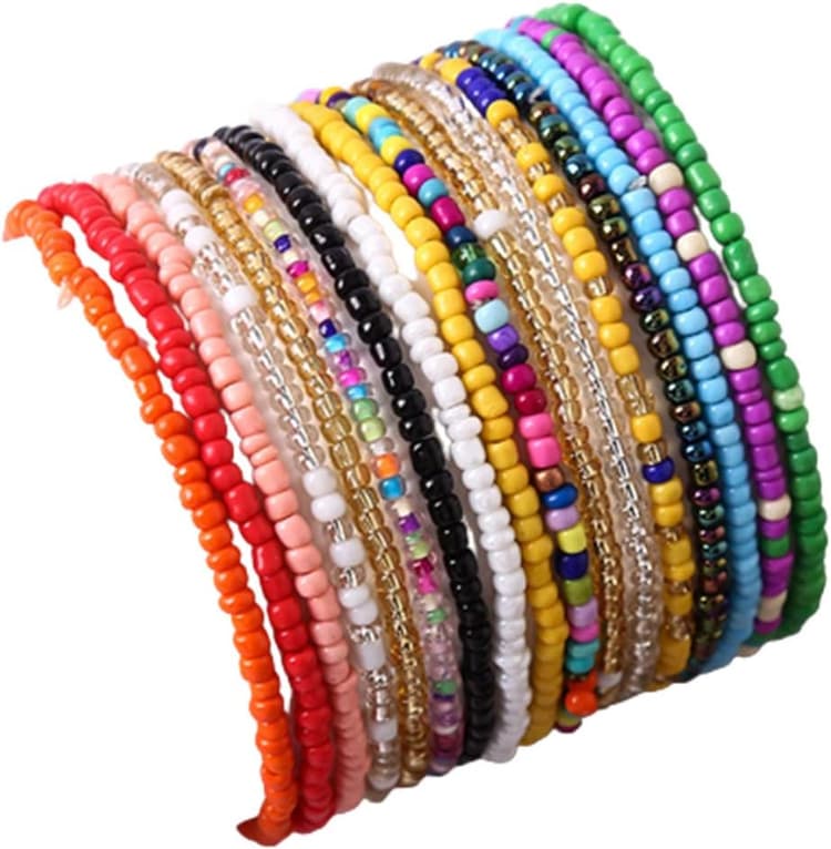 Soyzvteo 17Pcs Elastic Beaded Bracelets Bohemian Stackable Beaded Stretch Bracelets Colorful Boho Beach Bracelet Set Rainbow Handmade Seed Beach Bracelet Jewelry