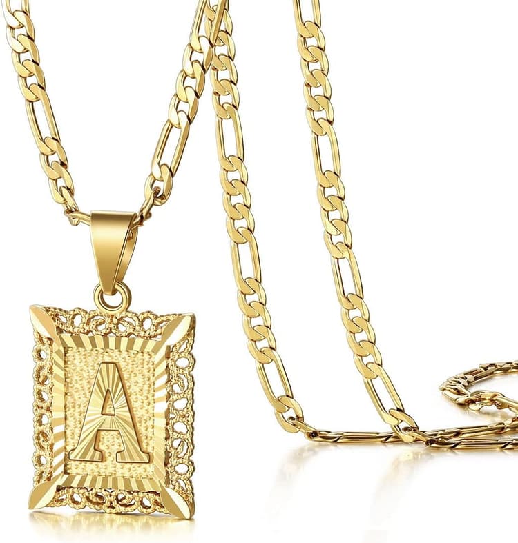 KissYan Initial Letter Pendant Necklace for Men Women, 14K Gold Plated Square Capital Monogram Necklace Alphabets from A-Z Figaro Chain Jewelry