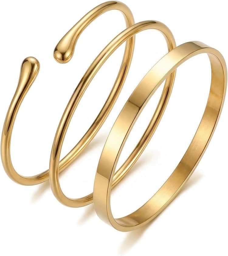 Set de 3 Bracelets Jonc Femme Minimalistes en Métal Doré, Bracelets Ouverts à Design Simple, Bijoux en Acier Inoxydable de Couleur Or, Bracelets Polyvalents pour un Style Quotidien Élégant