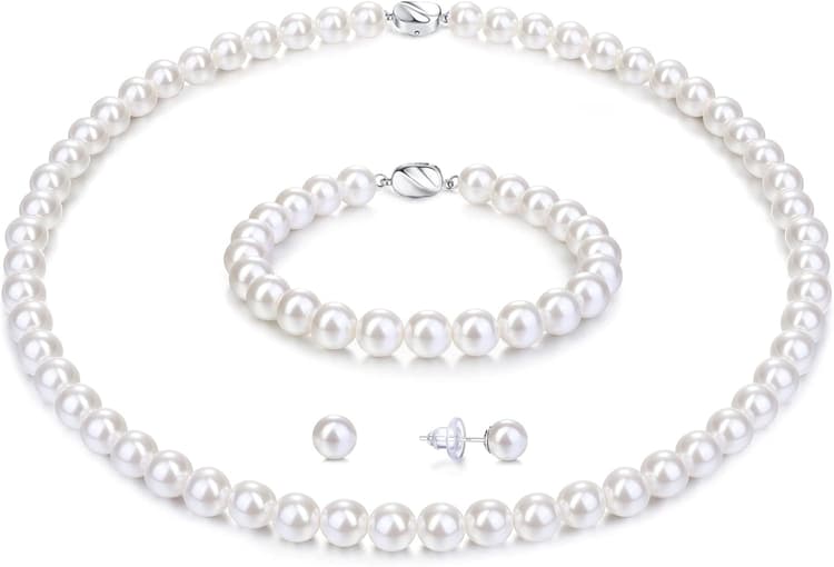 Ensemble de Collier de Perles pour Femmes Collier de Perles en Argent Sterling Rond Blanc avec Coquille Simulée Boucles d'oreilles Collier De Perles Ras du Cou De avec Coffret Cadeau