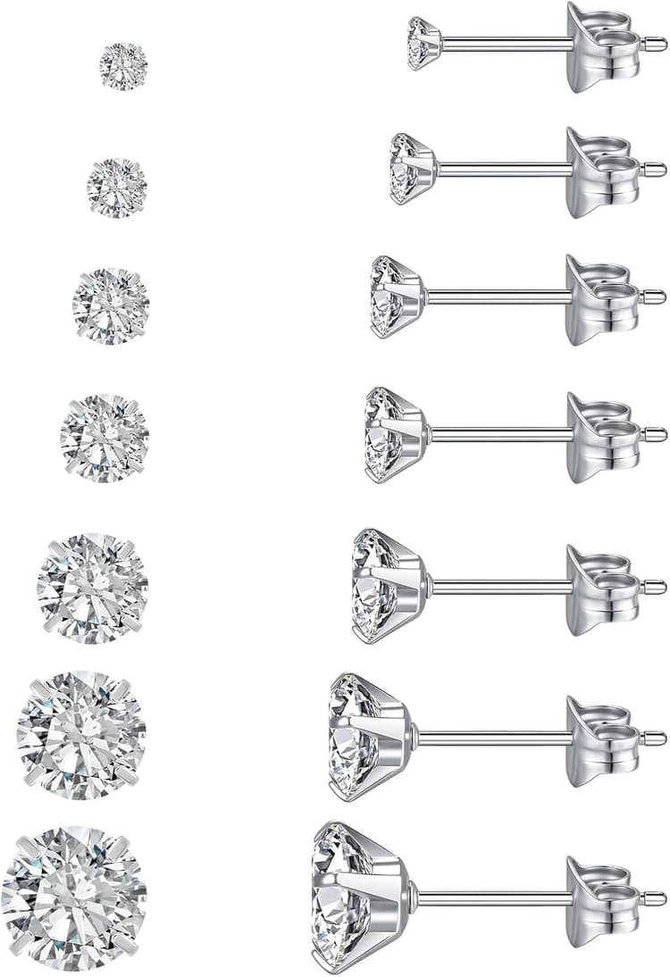 7 Pairs Silver Cubic Zirconia Stud Earrings for Women Trendy Stud Earrings Set Hypoallergenic Stud Earrings 20G CZ Studs Earrings for Women Jewelry Stud Earring