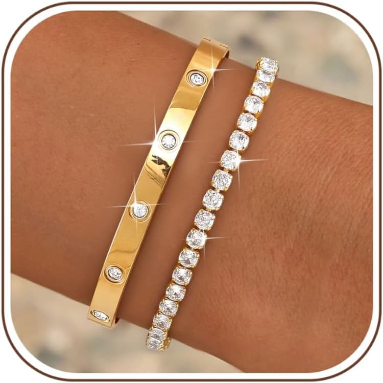 Diamday Bracelet Femme Or Jonc Acier Inoxydable Femme Lot Bracelets Plaqué Or 18K Empilables Réglable Bracelet Tennis Zirconium Bijoux Cadeau pour Femmes