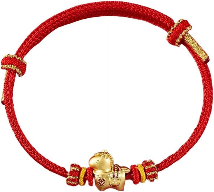 Bracelet chinois 2026 avec cordon rouge de l'année du cheval, bracelet porte-bonheur réglable avec breloques cheval et fortune, bracelets traditionnels en corde à nœud pour femme, cadeau de Nouvel An