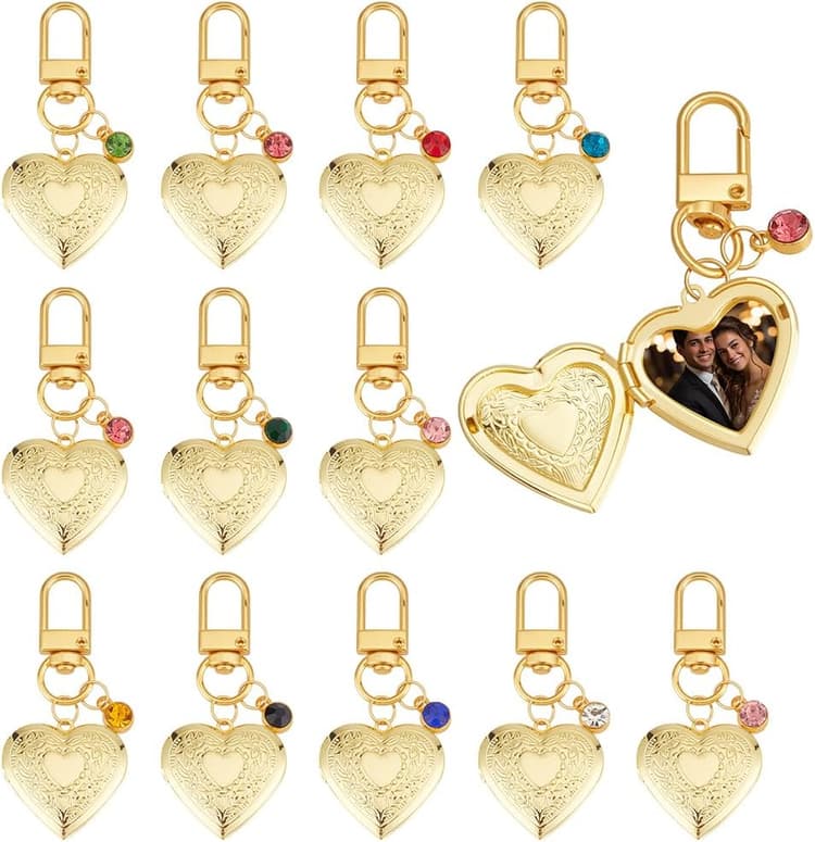 PH PandaHall 12 sets 18k Gold Plated Heart Locket Charms Gold Heart Pendants Memorial Charms Photo Locket Keychain Bag Charm with Birth Stones for Birthday Anniversary, Pendant: 1.2 Inch