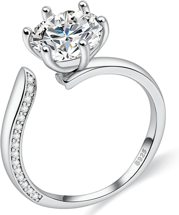FEIKFEIZ Bague en moissanite pour femme, diamant cultivé en laboratoire de 1-2CT, argent 925 plaqué or blanc 18K, bague ouverte réglable, bague de fiançailles.