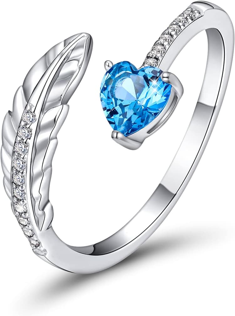 Bague de Femme avec Plume et Pierre de Naissance, Bague de Fiançailles Reglable en Argent Sterling 925 pour Femme et Fille Bague Cadeau Taille 6-12