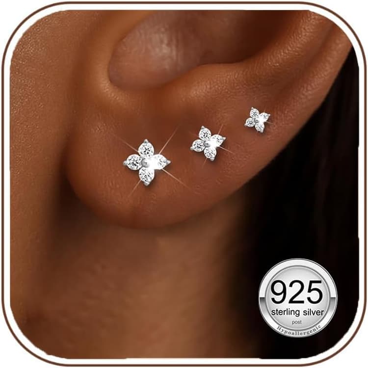 HEEYA 3 Paires Boucles d’Oreilles Argent 925 Pour Femme Fleur Piercings Oreille Cartilage, Zirconium Cubique 5A 3/4/5mm Clous Hypoallergéniques avec Boîte Cadeau