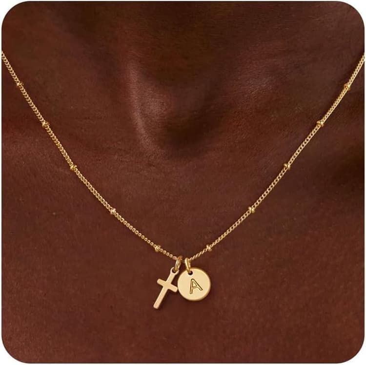 Turandoss Cross Initial Necklaces for Kids Teen Girls, Dainty 14K Gold Plated Disc Initial A-Z Cross Pendant Necklace Trendy Faith Cross Jewelry Birthday Mothers Day Gifts for Mom Daughter