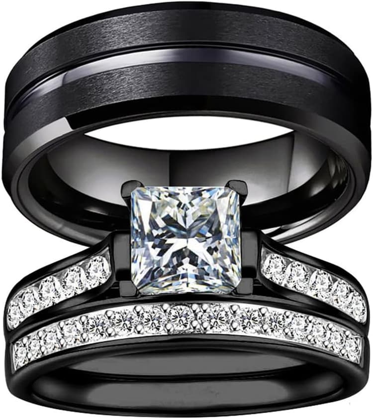 Couple Rings Set 2in1 Black Bridal Ring Matte Black Groove Ring His and Hers Wedding Ring Sets for Lover Anniversary Engagement Promise Rings Bridal Sets