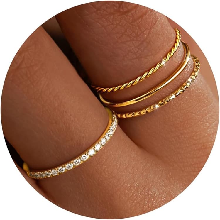 Dainty Stackable Gold Rings for Women Non Tarnish, Stacking 14K Gold Plated CZ Wedding Bands Ring Set, Waterproof Simple Trendy Minimalist Engagement Promise Thumb Pinky Thin Ring Size 5 6 7 8 9 10 11
