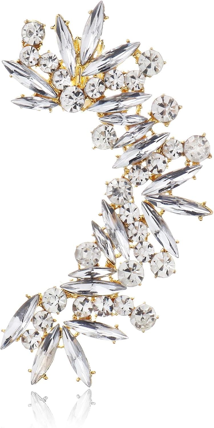 Rhinestone Silver Full Ear Cuff Earrings for Women Ear Clip Wrap Statement Climber Crawler Earrings for Women Hypoallergenic Silver Wedding Jewelry Gifts