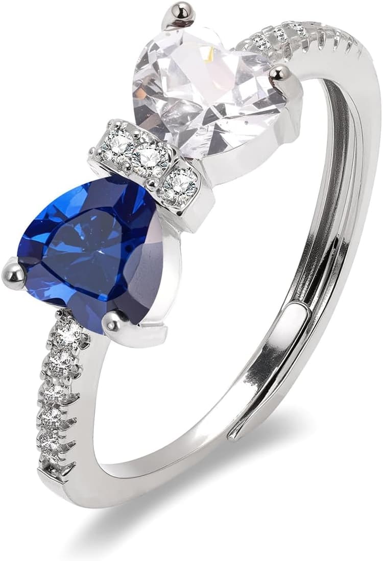 Raicegs Silver Birthstone Rings for Women Heart Cubic Zirconia Gemstone Adjustable Ring Personalized Jewelry Dainty Birthday Gifts for Her Mom