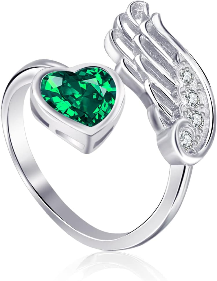 Qings Bague Pierre de Naissance Réglable pour Femme Argent Sterling Anneau 925 Ange Ailes Plume Bagues Coeur Ouvert Zirconium 12 Mois Pierre Naissance Cadeaux D'anniversaire pour Maman Fille