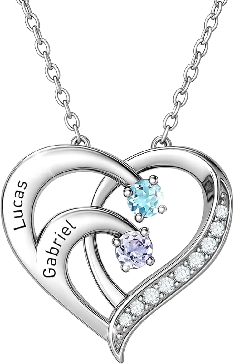 AAQ Collier personnalisé prénom - collier personnalisé pour femme avec 1-4 prénoms et pierres de naissance, idée cadeau femme et maman pour anniversaire ou Noël