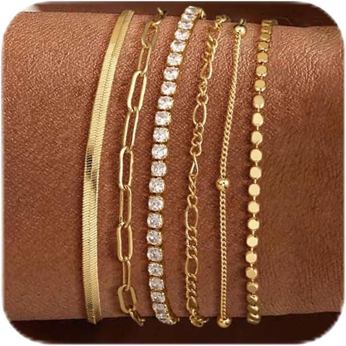 DEARMAY Waterproof Gold Plated Bracelets Set for Women Trendy, Dainty 14K Gold Jewelry Fashion Stackable Tennis Beaded Figaro Herringbone Paperclip Link Bracelet Pack Stack Gifts for Women