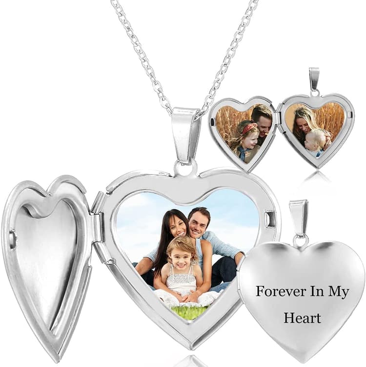 RWQIAN Personnalisé Photo Collier Femme Pendentif Médaillon,Coeur d'amour Poli Contient Images Dans Médaillons Polis en Acier Inoxydable Gravé Tout Texte Symboles Cadeaux Personnalisés Pour Les Filles