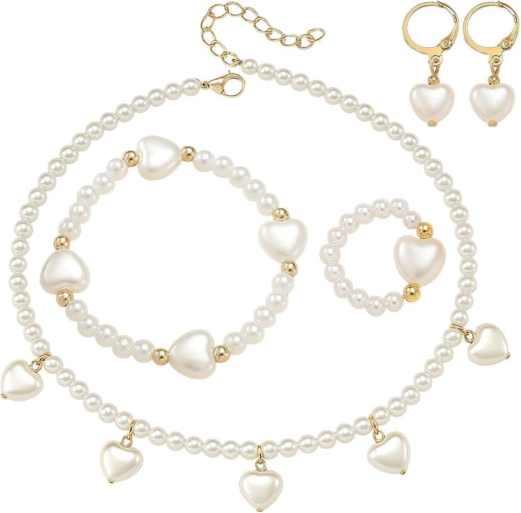 Perle Ensemble De Bijoux Enfants,Petites Filles Collier Bracelet Bague Boucles Papillon D'Oreilles En Forme De Cœur,Princesse Bijoux Habiller Jeu Anniversaire Noël Cadeau