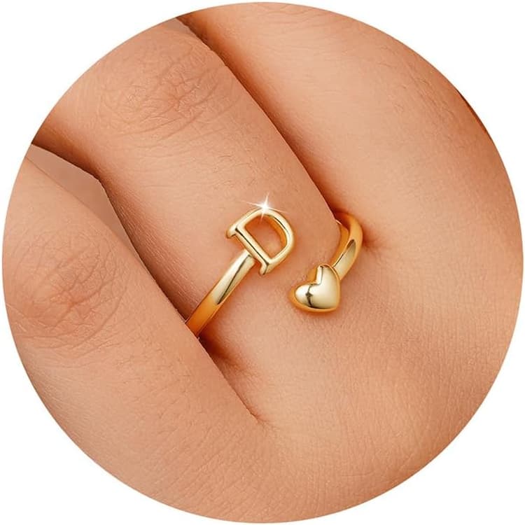 TINGN Bague en or plaqué or 14 carats - Étanche - Motif cœur - Avec lettres - Empilable - Cadeau pour femme et petite amie