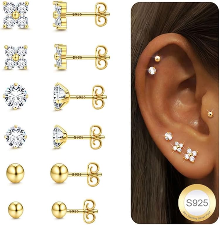 CASSIECA 6 Paires Clous d'Oreilles Femme Argent 925 Boucles d'Oreilles Hypoallergenique Rondes Zircone Cubique Boucle d'Oreille Helix Tragus Piercing Plaqué Or 16K/Argent
