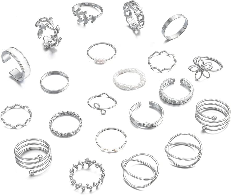 Collection de 21 Bagues Femme Argent Bohème, Bagues Connectées Style Minimaliste, Ensemble de Bagues Fantaisie Réglables et Empilables, Cadeau Parfait pour Adolescentes et Femmes